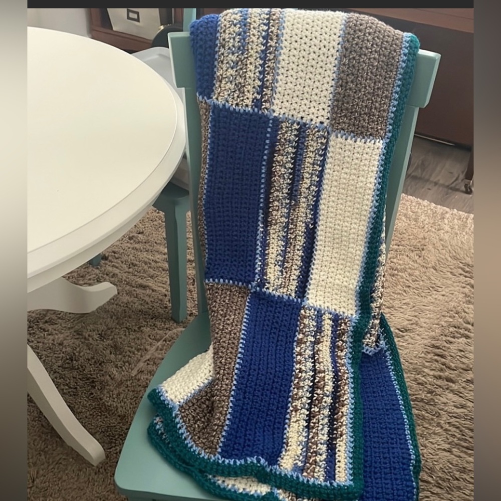 Homemade Crocheted Blanket-Throw- JulzyRaye Original- Teal-Royal Blue-White-OS